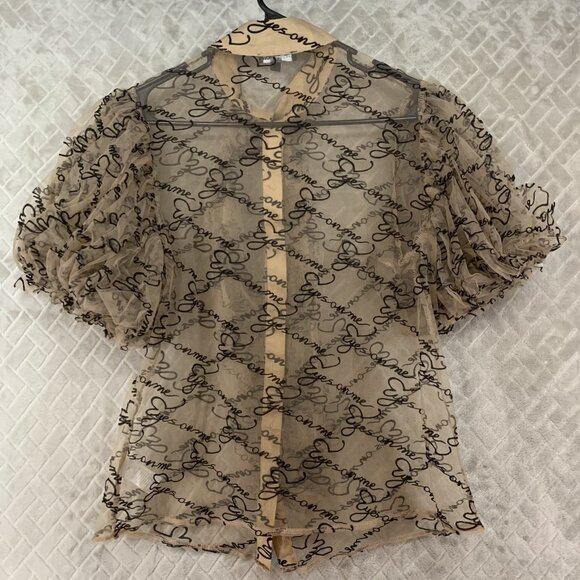 Fashion Nova Womens M Sheer Button Up Shirt Tan Brown Puff Sleeve Tie Neck - Picture 11 of 12